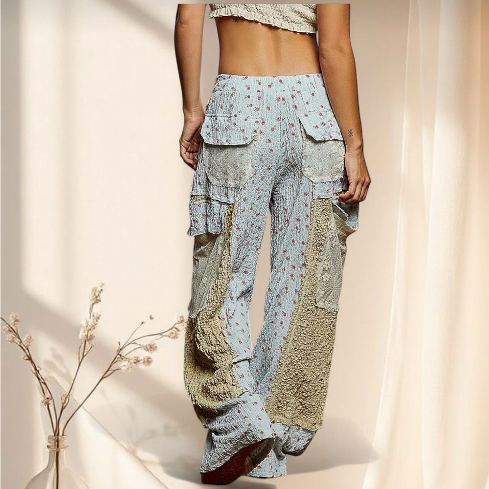 POL Powder Blue Crinkle Gauze Pants + Patchwork Floral Lace in Butter Blue - Picture 4 of 8